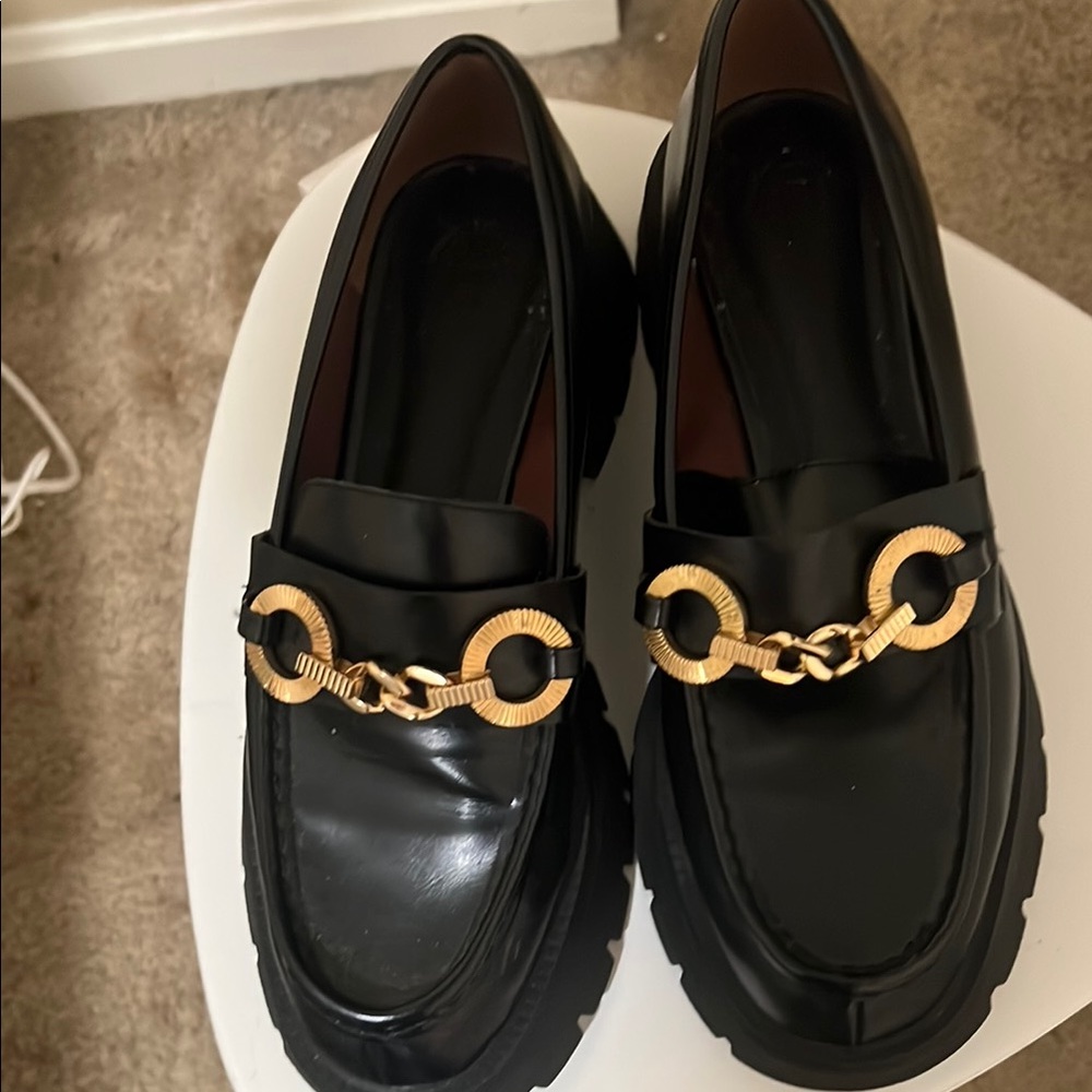 Zara Black Loafers with Gold Chain Detail.